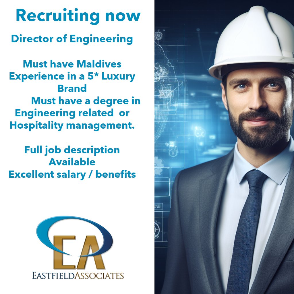 AgencyEastfield's tweet image. Recruiting now -Maldives
Director of Engineering

Must have Maldives experience in a 5* Luxury brand
Must have a degree in engineering related or hospitality  management.
roger@eastfieldassociates.co.uk
#maldivesjobs #hospitalitymanagers #EngineeringDirector #newjob2024 #overseas