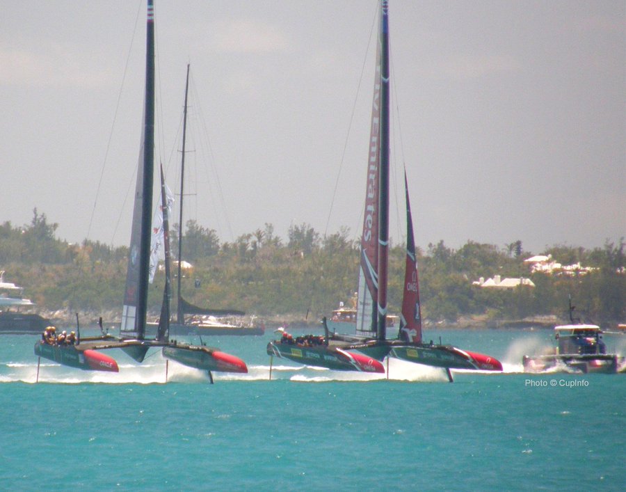 CupInfo's tweet photo. #TBT start of Race 1, 35th America's Cup Match off Bermuda (before we knew who was faster, fastest) | #AC35 #Bermuda #AC50 | #AC37 #Barcelona #AmericasCup #AC75 | @americascup https://t.co/2FMOomIgHL
