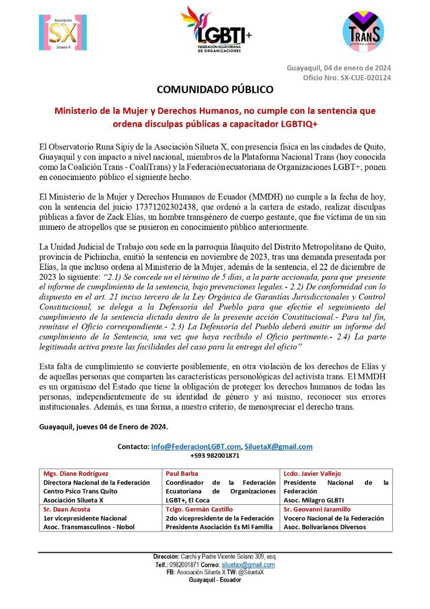 SiluetaX's tweet photo. COMUNIDADO: Ministerio de la Mujer y Derechos Humanos, no cumple con la sentencia que ordena disculpas públicas a capacitador LGBTIQ+. @DEFENSORIAEC es llamada a efectuar informe. 

Más en https://t.co/dbs81lZ0WA 

@fabriciovelav @cdaponce @pdiaztv @_Joham_ @Ralvarezw https://t.co/XzomtA2ooj