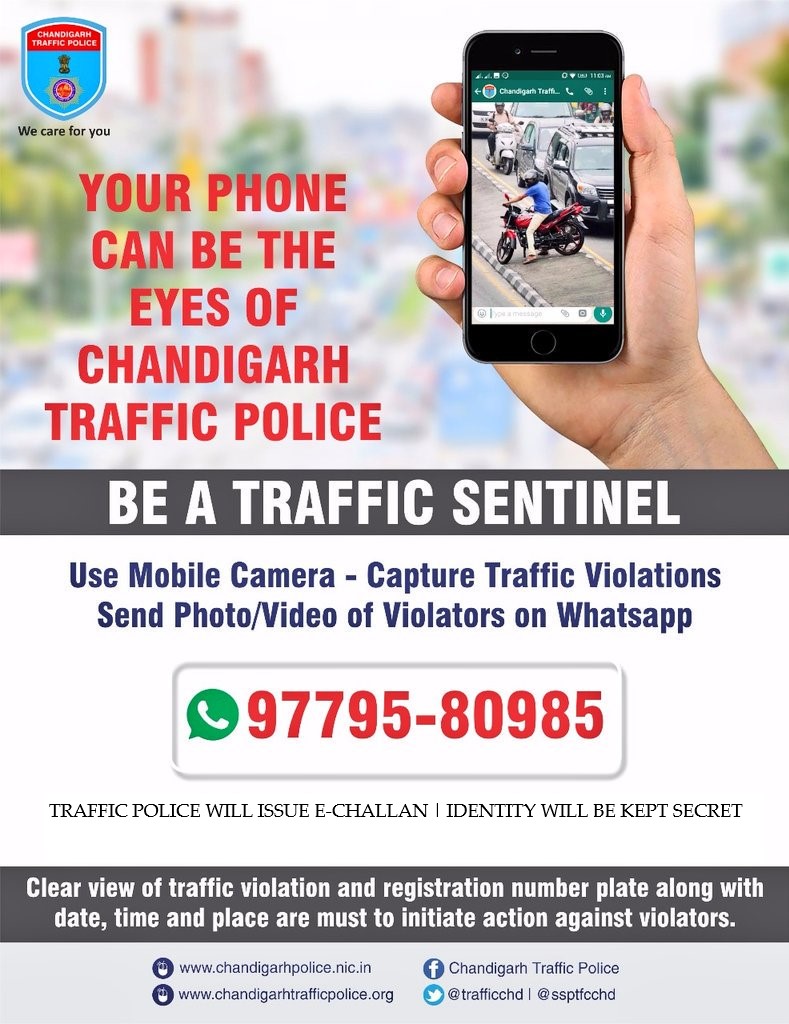trafficchd's tweet photo. Do you follow traffic rules? Does it bother you when others don't? Become a #TrafficSentinel. Send pics/videos of traffic violations in #Chandigarh by 
👉 Twitter @trafficchd
👉 Facebook
👉 Whatsapp 9779580985 
We'll issue challan. Your identity will be kept secret #WeCareForYou https://t.co/bbsbx9e6Me