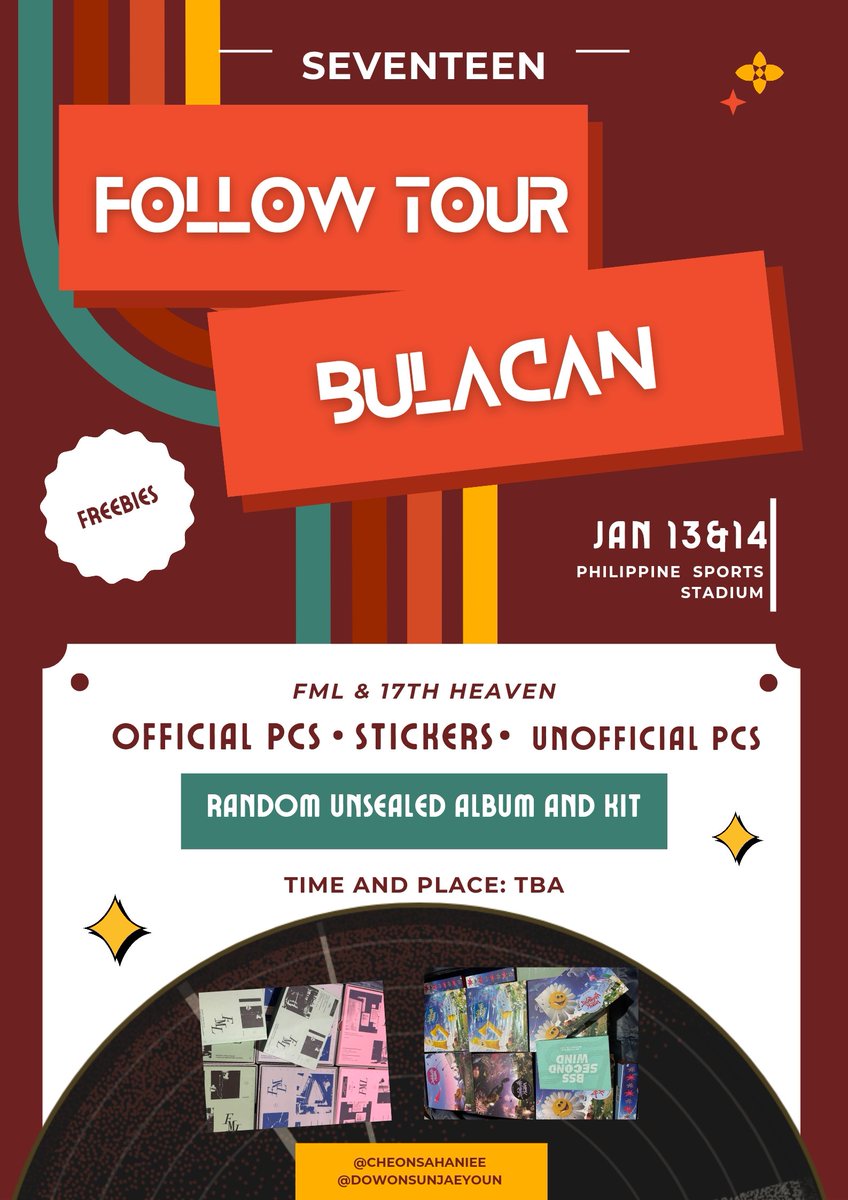 Seventeen Follow Tour  Bulacan - unsealed album FREEBIES 

Please see photo for more details
Strictly 1:1 😊

☀️RT + Like (follow not mandatory) 
☀️ You can't choose what album you will get
☀️ Limited only

#FollowtourBULACAN  #SEVENTEEN #FTBULACAN <a href="/pledis_17/">세븐틴(SEVENTEEN)</a>