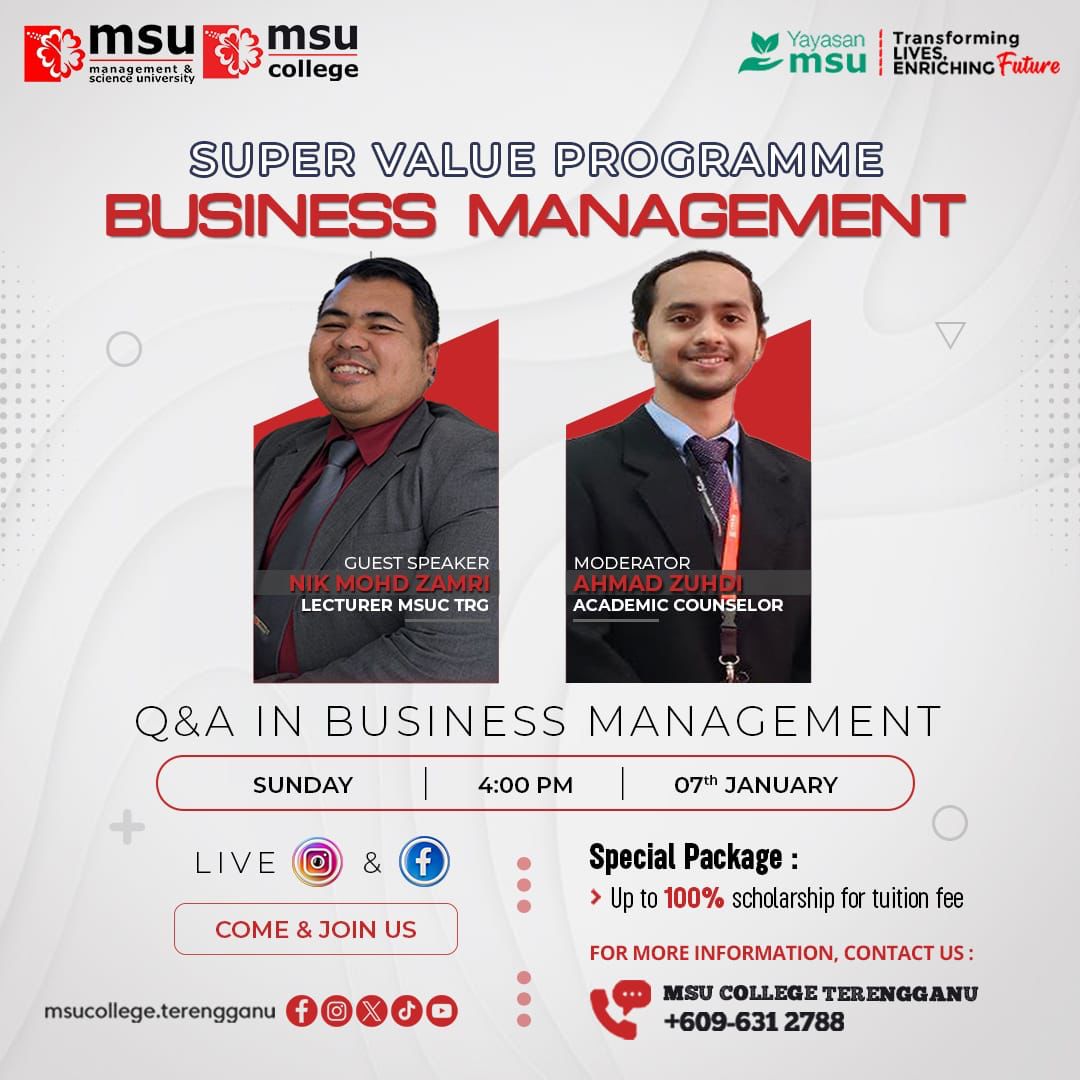 MSUcollege_trg's tweet photo. Join our FB and Instagram Live Stream this Sunday! Find out more information in business management. Don't miss it!
For more details, click the link below ๐๐ป and our Academic Counsellor will be in touch with you directly.
https://t.co/FNDZ3ilffj
#spm2021
#spm2022
#stpm2022 https://t.co/nHtFX6fJor