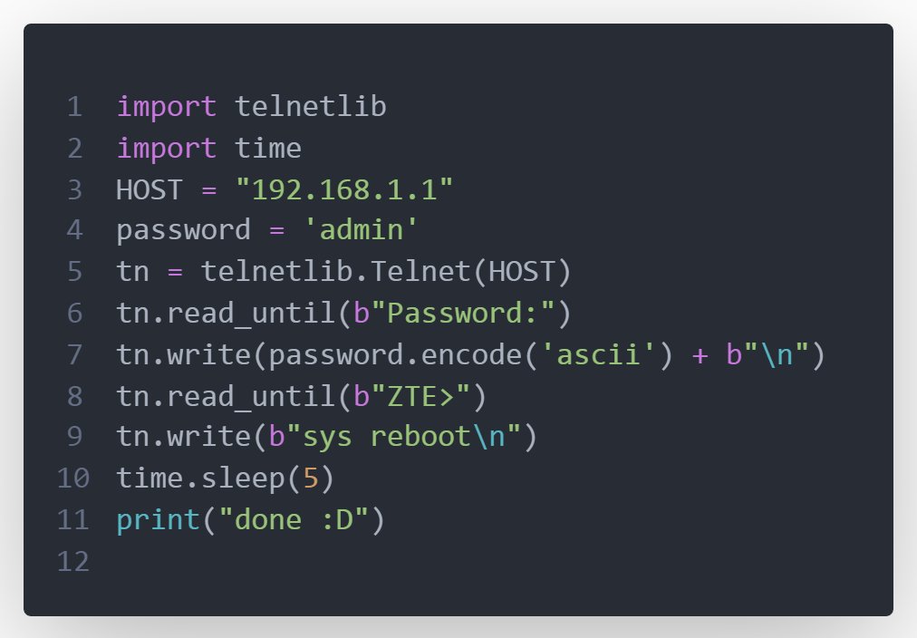 من 3 سنين كنت كاتب اسكربت بايثون كان بيعمل restart للراوتر علشان كنت بكسل اخرج اعمله restart فالصالة فا لقيته بالصدفة عندي علي github من كام يوم فا حبيت اشاركه معاكم علشان لو حد بيكسل زيي 😂 هو لسه لحد دلوقتي بيشتغل علي راوترز بتاعت Tedata 
هحط اللينك بتاعه فالreplies تحت