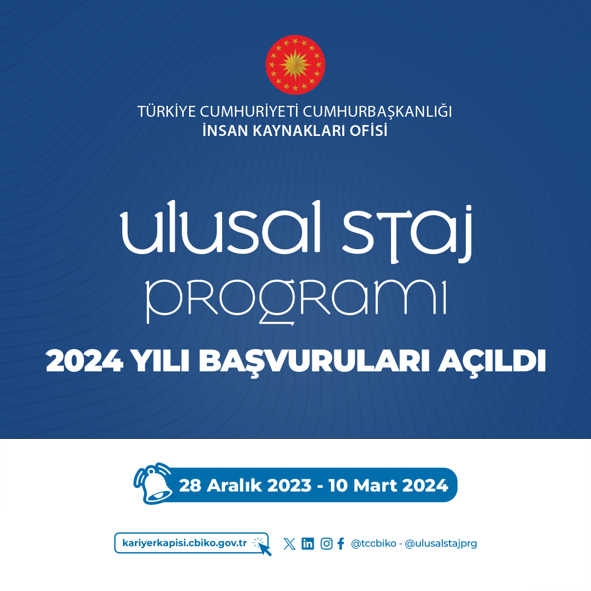 #UlusalStajProgramı 2024 yılı başvuruları başladı! Hemen başvur, sen de kariyerin için bir adım at. #SeninİçinSeferbiriz! @tccbiko <a href="/ulusalstajprg/">Ulusal Staj Programı</a>

Başvuru Linki: kariyerkapisi.cbiko.gov.tr

Son Başvuru Tarihi: 10 Mart 2024