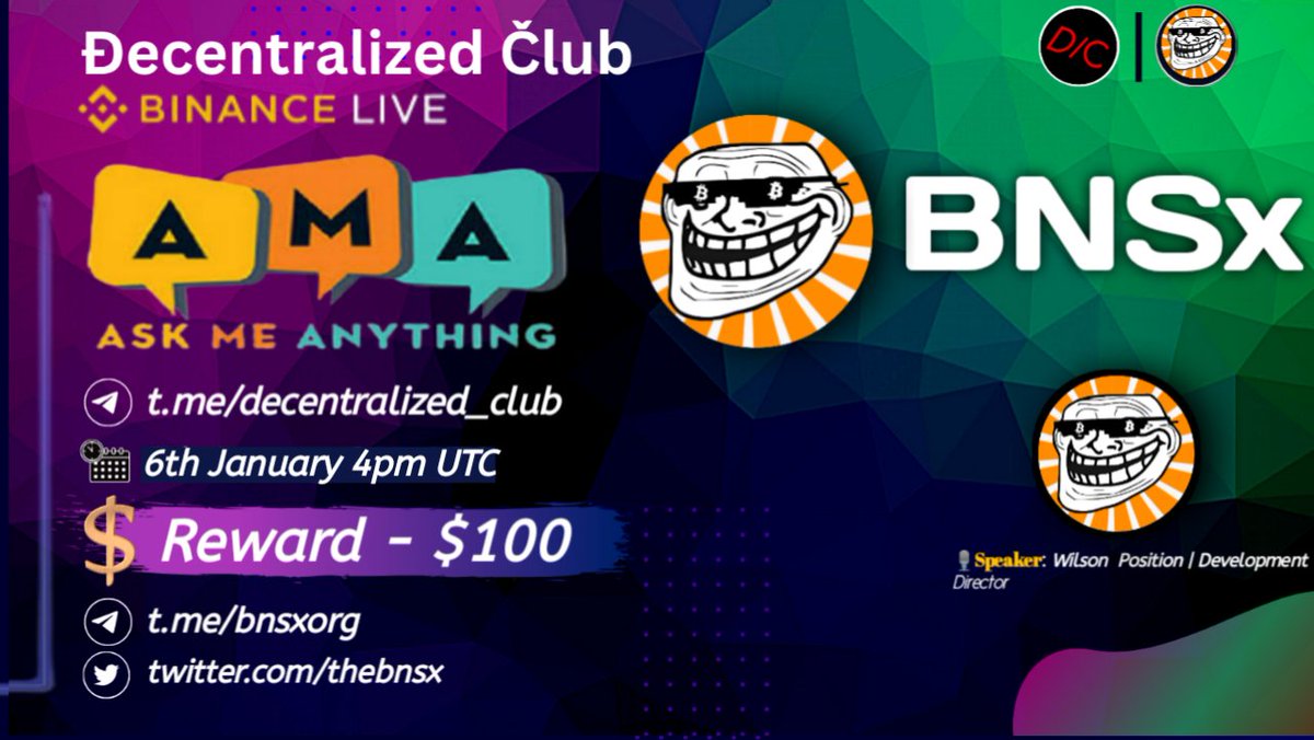 dens_club's tweet photo. DC Presenting a #BinanceLive_AMA🎉

📌 Venue : https://t.co/Tu5FwsHlIH
⏰ When : 6th January 4pm UTC 
🤑 Reward : $100 

5 winners will get $20 Reward each.
Twitter (3) & Live asking (2)

1⃣ Follow @thebnsx
2⃣ Like & RT & Tag 3 Friends 
3⃣ Post your questions.

🚸 Must Join BNSx & DC Telegram & Twitter before the AMA otherwise you wont be chosen as WINNER.

https://t.co/6XRSmOyrgV
https://t.co/UTG7EBNuUo
https://t.co/ME6WlEt3TP

Best of luck 🤞!

#Giveaway #Airdrops #DC #decentralized_club #NFT #NFTs #NFTgiveawas #Giveaways #Airdrop #AMAs #Crypto #Web3 #RAW #Metaverse