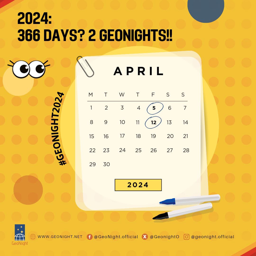 💥👀 366 days in 2024?! Yes, think of the extra one we dedicate to GeoNight, which doubles for this edition! 😮 ✨ On 05 and 12 April 2024, the night will be starnier than ever! ✨ 👉 Enter your proposal here: geonight.net/propose-an-eve… geonight.net #geonight2024