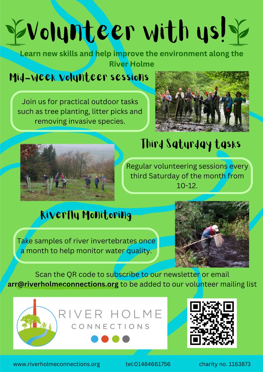 Learn new skills & have some fun! To help us carry out more practical conservation tasks, we are looking to expand our volunteer team. If you like the outdoors & would like to make the River Holme a better place for people and wildlife, please email arr@riverholmeconnections.org