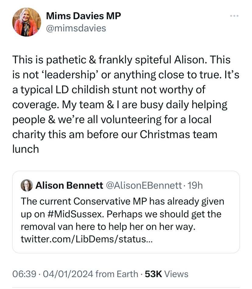 MidSussexViews's tweet photo. Nothing says “working hard for you” like boasting about going for Christmas lunch on *checks diary* 4th January, @mimsdavies 

That said, @AlisonEBennett is deeply unimpressive too and won’t answer basic questions.

What a poor choice of representation for Mid Sussex. https://t.co/5dxaRTzGyu