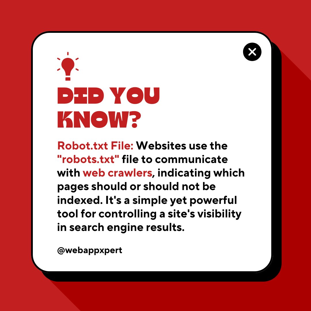 Webappxpert's tweet photo. Do you know why websites use "robots.txt" files!🤖📁 

#DidYouKnow #FactsMatter #Website #WebsiteDevelopment #tech #Robot #ArtificialInteligence https://t.co/ATk2VnZoed