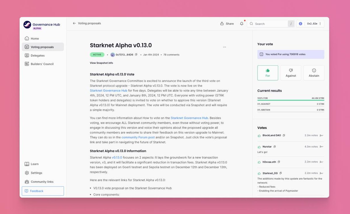 🚢 Starknet Governance Hub Launch! 🚢

We're excited to have partnered with <a href="/Starknet/">Starknet (BTCFi arc) 🥷</a> to ship their dedicated Governance Hub. Bringing proposals, voting, discussion and delegation under one roof! 

Starknet's v0.13.0 vote is now open, check it out here: 
governance.starknet.io