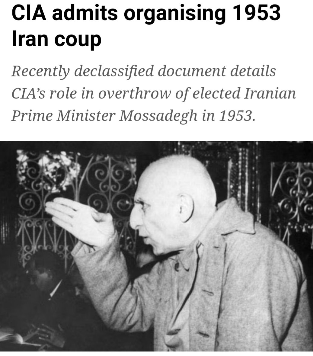 HistoryunTweets's tweet photo. 𝗔 𝗣𝗲𝗿𝘀𝗶𝗮𝗻 𝗧𝗮𝗹𝗲
From the early 1900s, European oil exploration missions were already operating in Persia (Iran), relentlessly digging for oil in anticipation of great returns. Surely enough, it didn't take much time before they struck Gold. Thus in 1913, the Anglo-Iranian Oil Company was established.

As expected, Britain took a majoritarian share of the proceeds, with a 51% stake in the enterprise.

At the time, Iran was being pulled at either end by the Russians and by the British, as they wrestled one either end of the ideological spectrum (Communism vs Capitalism) for control of the Oil rich nation.

Regrettably, the Qajar dynasty was known to be easily manipulated, overly dependent and pathetically subservient to foreign interests, but despite this - not everyone was willing to allow the nation to be exploited for its resources.

𝗗𝗿 𝗠𝗼𝘀𝗮𝗱𝗱𝗲𝗴𝗵
Mohammed Mosaddegh began his career as an academic, qualifying as a Lawyer before steadily working his way into government before finally becoming Prime Minister.

Upon seizing power, Dr Mosaddegh wasted no time in evicting the Russians from his country, the oil-sucking parasite had to be flushed out at once. He then turned to the British banditry and formally cut all ties with them, openly declaring Britain to be an enemy of Iran, in 1952. 

His greatest affront was in reclaiming full proprietary control of the Anglo-Iranian Oil Company, thereby Nationalising Iran's the Oil industry (which had started as a 49%-51% partnership in favour of the British but eventually became a 100% exploit of the British by 1934).

Mosaddegh was a man of action. He also introduced fiscal reforms and granted the working population social security benefits, removed corrupt officials from government and gave the Russians their eviction notice.

𝗕𝘆 𝗛𝗼𝗼𝗸 𝗼𝗿 𝗯𝘆 𝗖𝗼𝘂𝗽
Quite naturally, Winston Churchill and his British administration didn't like Mosaddegh's bold and defiant regime, so they sought to talk him out of it, but the refused to abandon his policy.

They lodged a Formal Complaint against him, with the UN. When that plan also didn't work either, they closed ranks with their American counterparts (CIA) and did what came naturally to them. 

𝗦𝘂𝗺𝗺𝗲𝗿 𝗼𝗳 𝟭𝟵𝟱𝟯
August of 1953 will forever be remembered as the summer in which the CIA and the MI6 pulled off the most blatant and desperate Heist in modern history.

Needless to say, leading up to the big day, they pumped several millions into the operation and financed a mass riot in Tehran to provoke the public against their government. They followed this up with controlled opposition protests, which were all staged and funded by the CIA in order to give the illusion of some sort of grassroot resistance and clash between two opposing camps.

Mosaddegh was removed from power and seized. They forcefully dissolved his government and effectively ended his career.

After his forced removal and arrest, they reinstated Mohammed Reza Pahlavi (the puppet Shah of Iran who had fled abroad in fear for his life) and swiftly clawed back their investment (the Anglo-Iranian Oil Company) which had been nationalised by Mosaddegh. 

Henceforth, Iran'a vast Oil reserves were back in the control of the British.
The new criminal enterprise came to be known as  "British Petroleum", today known simply as BP.

𝗖𝗼𝗻𝗳𝗲𝘀𝘀𝗶𝗼𝗻𝘀
Several decades after this shameful incident, the Americans finally admitted to financing and instigation of the Coup against Mosaddegh in August 1953.

According to the now declassified secret document, the CIA admits...

“𝐓𝐡𝐞 𝐦𝐢𝐥𝐢𝐭𝐚𝐫𝐲 𝐜𝐨𝐮𝐩 𝐭𝐡𝐚𝐭 𝐨𝐯𝐞𝐫𝐭𝐡𝐫𝐞𝐰 𝐌𝐨𝐬𝐚𝐝𝐞𝐪 𝐚𝐧𝐝 𝐡𝐢𝐬 𝐍𝐚𝐭𝐢𝐨𝐧𝐚𝐥 𝐅𝐫𝐨𝐧𝐭 𝐜𝐚𝐛𝐢𝐧𝐞𝐭 𝐰𝐚𝐬 𝐜𝐚𝐫𝐫𝐢𝐞𝐝 𝐨𝐮𝐭 𝐮𝐧𝐝𝐞𝐫 𝐂𝐈𝐀 𝐝𝐢𝐫𝐞𝐜𝐭𝐢𝐨𝐧 𝐚𝐬 𝐚𝐧 𝐚𝐜𝐭 𝐨𝐟 𝐔𝐒 𝐟𝐨𝐫𝐞𝐢𝐠𝐧 𝐩𝐨𝐥𝐢𝐜𝐲"