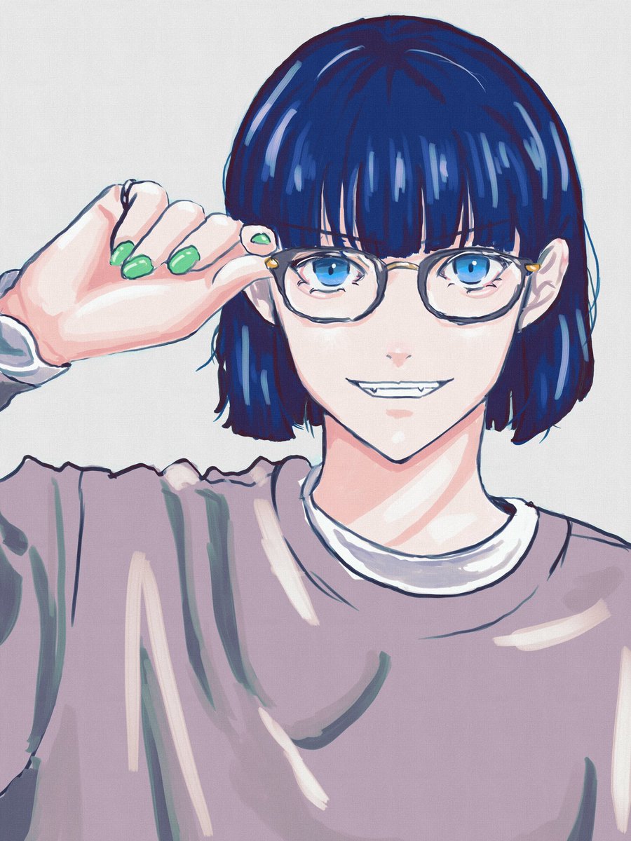 solo glasses 1girl blue eyes short hair smile green nails  illustration images