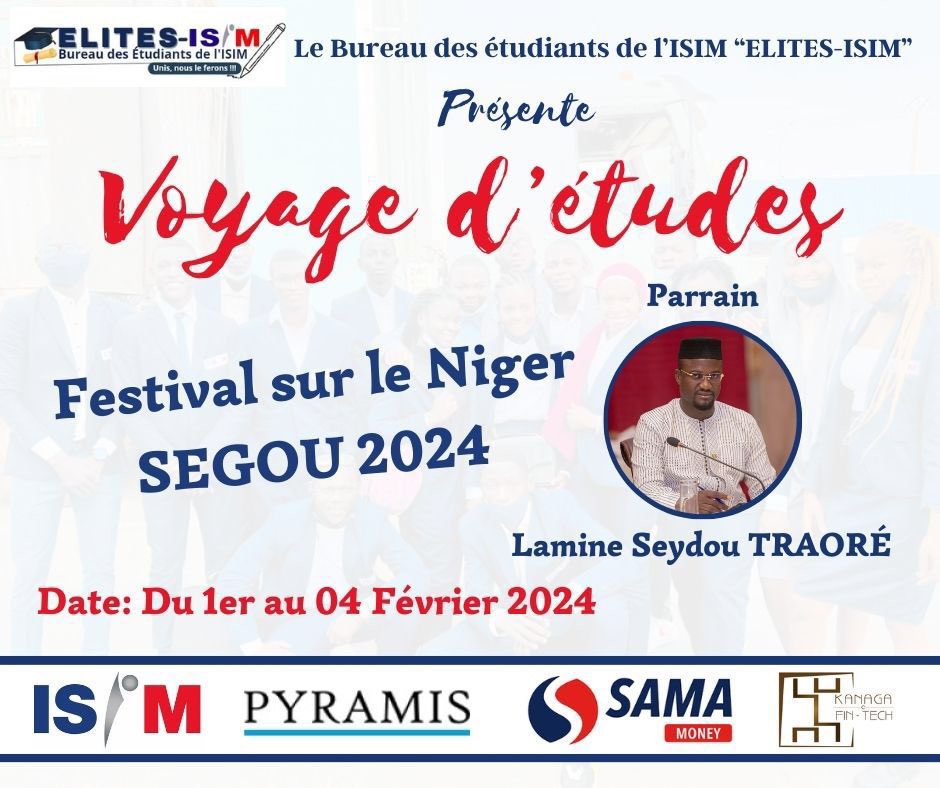 C’est parti pour un autre tour à Segou ! 

Le bureau des étudiants de l’ISIM est ravi de vous informer de sa participation au festival sur le Niger à Ségou. Rejoignez-nous pour célébrer cette occasion spéciale et découvrez la richesse culturelle avec nous !

#ISIM #FSN2024