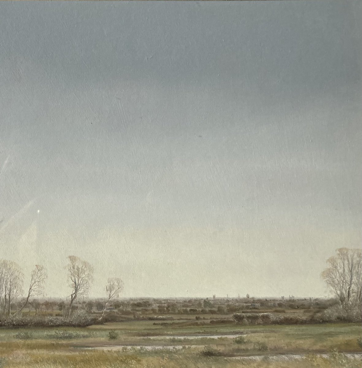 DfsStubbs's tweet image. A distant view of #Cambridge from #Barton in #winter #landscape #painting in oil on panel A3 square.