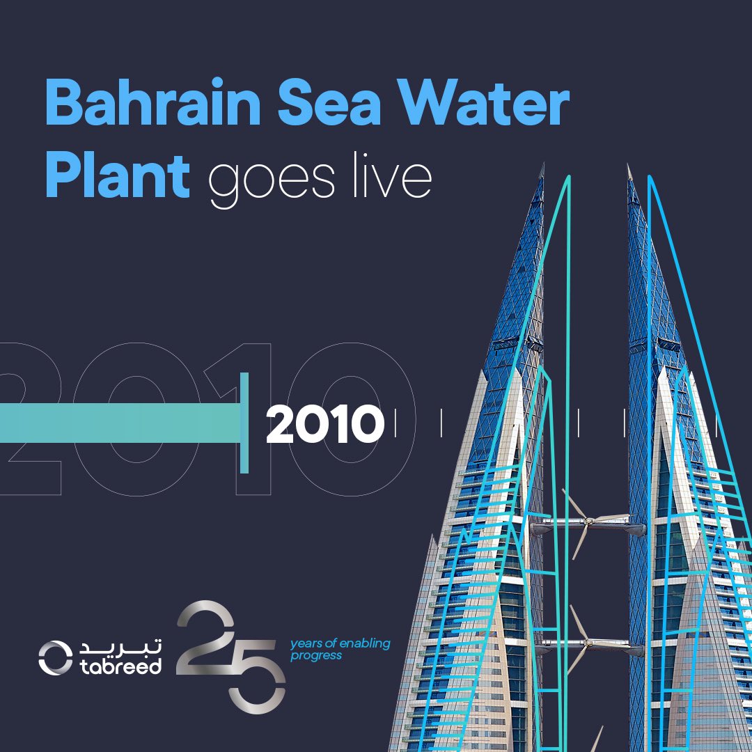 2010 saw us harnessing the sea to cool onshore, with the Bahrain sea water plant going live. 🌊 

#BahrainCooling #SeawaterInnovation #TabreedMilestones #SustainableCooling  #25yearAnniversary #DistrictCooling 

بدأنا في عام 2010 تشغيل محطة التبريد باستخدام مياه البحر في مملكة