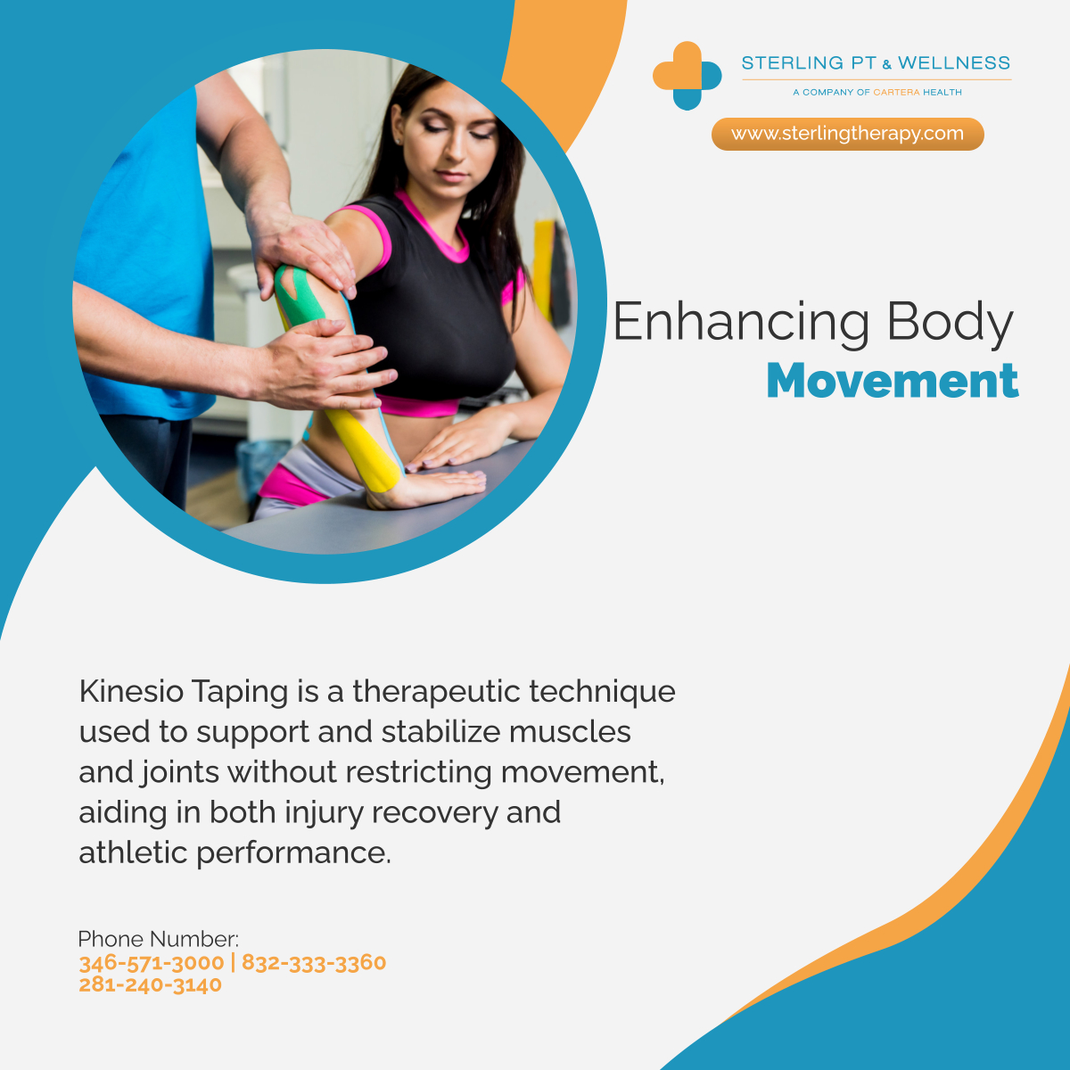 SterlingTherapy's tweet photo. Discover the benefits of Kinesio Taping at Sterling PT &amp; Wellness. Our expert application aids in recovery and performance, enhancing your movement without restriction. 

#SterlingPhysicalTherapy #MuscleSupport #Sugarland #Bellaire #Stafford #Texas https://t.co/ZQgAIIKWSB