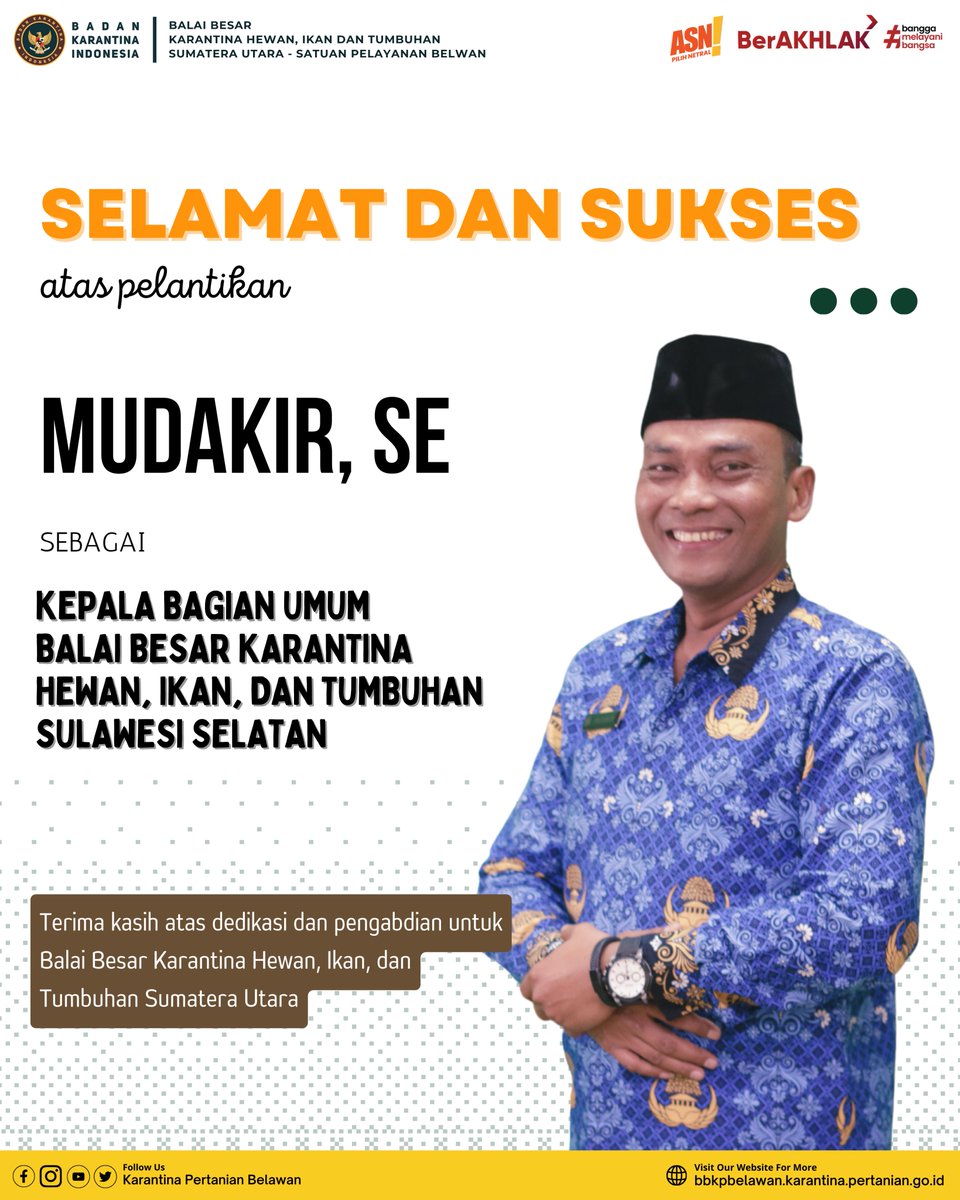 KarantinaBLW's tweet photo. Keluarga besar Karantina Sumatera Utara mengucapkan

Selamat dan sukses atas dilantiknya

Mudakir, SE dan drh. Suwarno Tri Widodo, MH

Terima kasih atas dedikasi dan pengabdian untuk Balai Besar Karantina Hewan, Ikan, dan Tumbuhan Sumatera Utara.

#KarantinaSumateraUtara https://t.co/9FLyuZgd2i