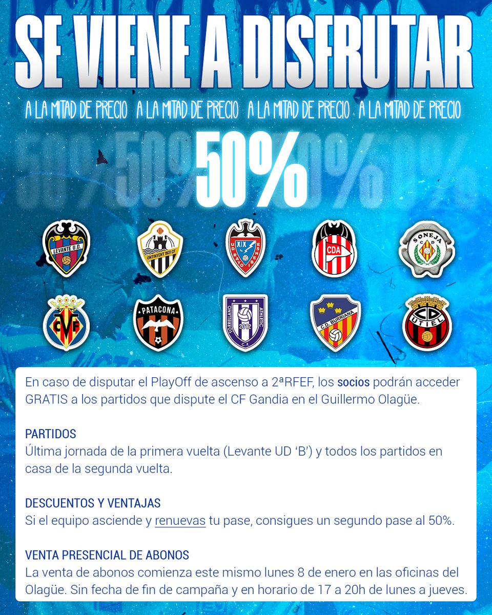 CF_Gandia's tweet photo. 𝐒𝐄 𝐕𝐈𝐄𝐍𝐄 𝐀 𝐃𝐈𝐒𝐅𝐑𝐔𝐓𝐀𝐑.

❗️Campaña de socios de media temporada 23-24.

📆 Desde este mismo lunes 8 de enero y sin fecha de fin de campaña.

ℹ️ Toda la información aquí👇 https://t.co/ig8wvSstLX