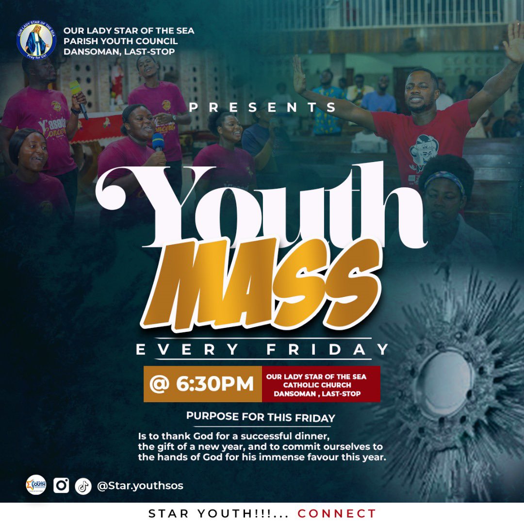 Join us this Friday for our youth mass at 6:30pm. See you there …. Star youth …. Connect!!!!