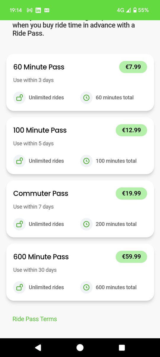 gary_Offbeat's tweet photo. @limebike where did the 35 euros per month pass go? 😡🤬
I need 250 minutes per month and you are forcing me towards a super expensive 600 minutes plan. Goodbye @limebike. For the moment, I'm going with @tier_mobility. Let me know when your plan is back. https://t.co/4y7su6GUoK