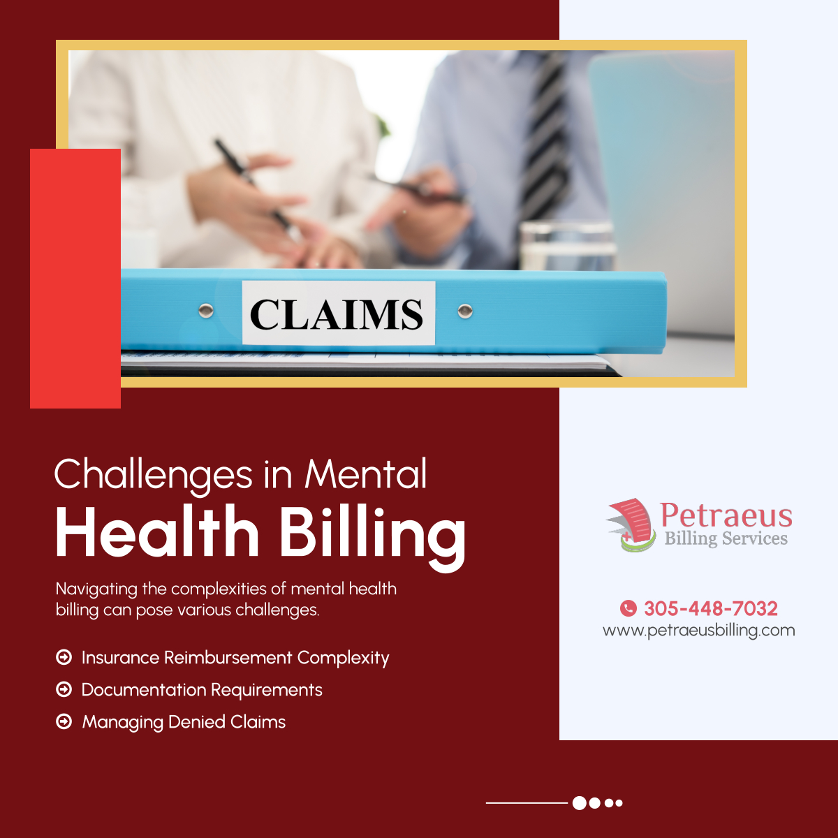 BehaviorBilling's tweet photo. Navigating these challenges demands expertise and a proactive approach. Overcoming these hurdles in mental health billing with our billing experts for better financial health for mental health practices. 

#BillingServices #PalmettoBayFL #MentalHealthBilling https://t.co/j0ya6d0Vuk