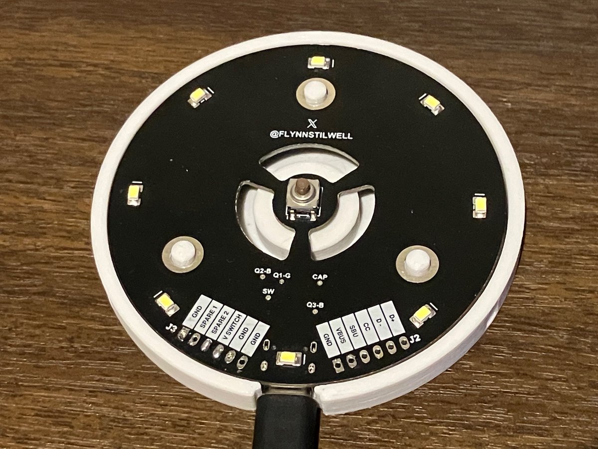 flnwell's tweet photo. One board assembled and working! (With an ugly tweak or two)

It’s a discrete pushbutton-activated latching led lamp circuit.

Now onto prototyping the rest of the lamp structure… https://t.co/MgSLAX8fag