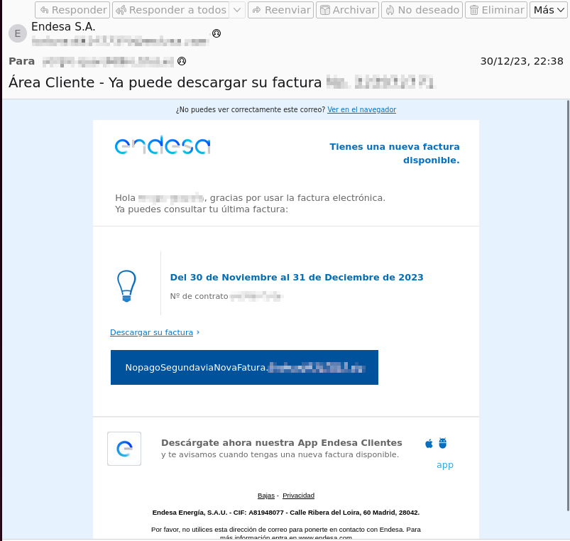 ⚠️#AVISO❗️Detectada campaña de distribución de malware mediante correos electrónicos fraudulentos suplantando a <a href="/Endesa/">endesa</a>.

#NoPiques, indican que puedes pagar la factura adjunta para que ejecutes un código malicioso e infectes tu dispositivo. Es #phishing👇
incibe.es/ciudadania/avi…
