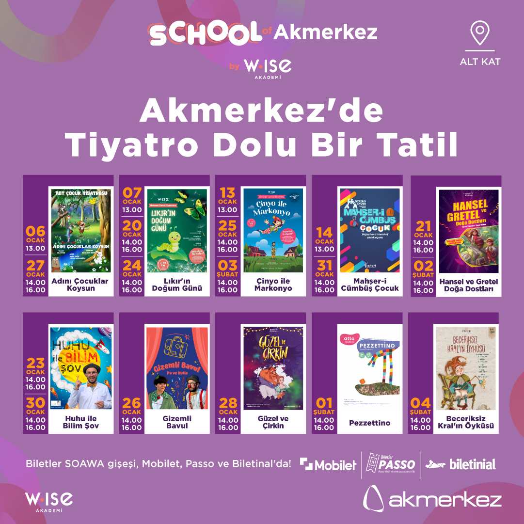 School of Akmerkez by Wise Akademi'de Ocak AYII!

Ocak ayında ve sömestir tatilinde birbirinden farklı tiyatrolar ebeveyn ve çocuklarla buluşacak! 

Biletler Mobilet, Biletinial ve Passo'da!

#sömestir #tatil #tiyatro #akmerkez #etiler #cocuktiyatro