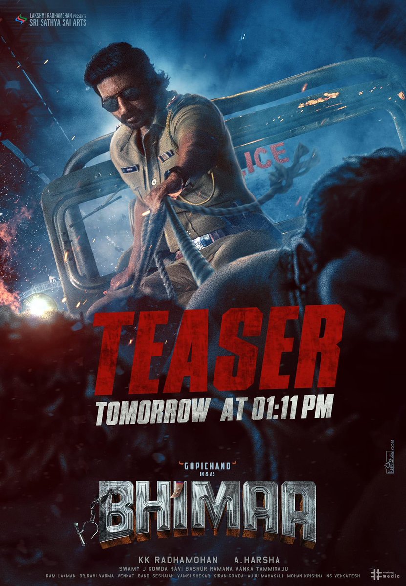 Gopichand is set to entertain you all as the Powerful Cop #BHIMAA 💪🏻

#BhimaaTeaser Releasing Tomorrow at 1.11 PM 🔥

Stay Tuned ⌛️

#BhimaaTeaser A Harsha Priya BhavaniShankar #MalvikaSharma Ravi Basrur Sri Sathya Sai Arts #YbrantTv