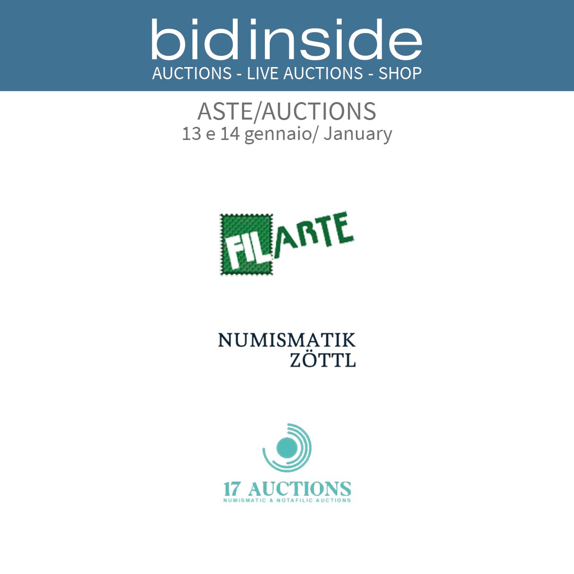 BidInside's tweet photo. #BIDINSIDE ASTE
https://t.co/KyNCwc6Xdb
Filarte LIVE
https://t.co/OJ4SJmqDPP
Numismatik Zöttl
https://t.co/98fdOHHyyP
17 Auctions LIVE
https://t.co/R1OB02mC9b
#philately #filatelia #numismatic #coin #monedas #asta #auction #auktionen #Filarte #NumismatikZottl #17Auctions https://t.co/LMTy6rsoaT