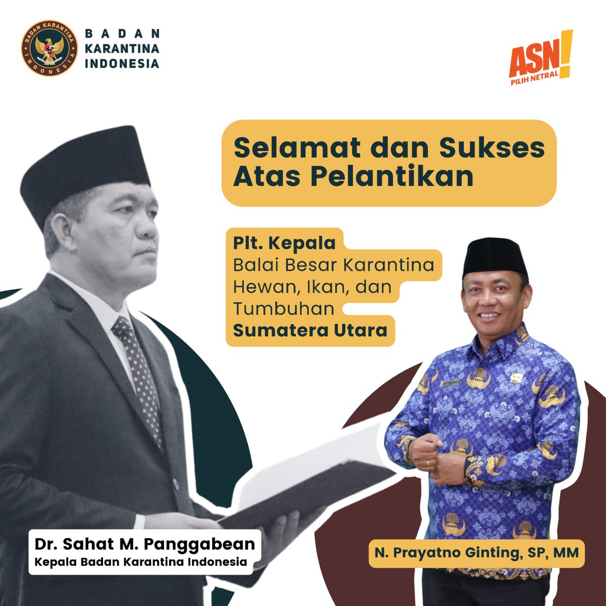 Keluarga besar Karantina Sumatera Utara mengucapkan

Selamat dan sukses atas dilantiknya

N. Prayatno Ginting, SP, MM

sebagai Plt. Kepala Balai Besar Karantina Hewan, Ikan dan Tumbuhan Sumatera Utara
#karantinamedan
#karantinasumaterautara