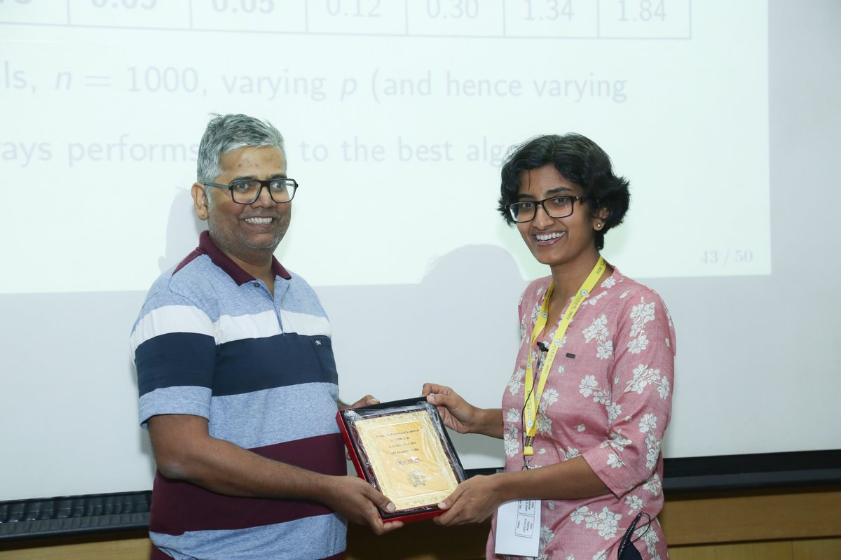 indoml_sym's tweet photo. Day 3: Session III (Machine Learning)
Purnamrita Sarkar Professor at The University of Texas at Austin Keep or toss? A nonparametric score to evaluate solutions for noisy Independent Component Analysis (ICA) was the topic of her discussion.
#AIML
#MachineLearning 
#indoml
#iitb https://t.co/iEOvWZk8w0