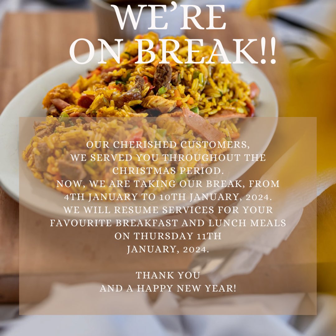 chickitchen_gh's tweet photo. Our cherished customers,
We served you throughout the Christmas period. Now, we are taking our break from 4th January to 10th January, 2023.
We will resume services for your favourite breakfast and lunch meals on Thursday 11th January, 2023. Thank you And a Happy New Year! https://t.co/5bgTOhK1nm