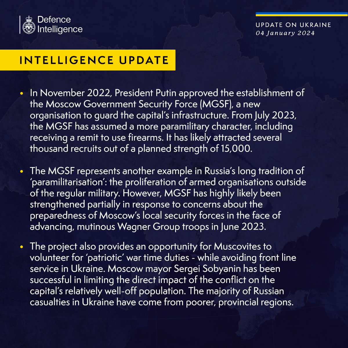 Graphic reads: In November 2022, President Putin approved the establishment of the Moscow Government Security Force (MGSF), a new organisation to guard the capital’s infrastructure. From July 2023, the MGSF has assumed a more paramilitary character, including receiving a remit to use firearms. It has likely attracted several thousand recruits out of a planned strength of 15,000.  The MGSF represents another example in Russia’s long tradition of ‘paramilitarisation’: the proliferation of armed organisations outside of the regular military. However, MGSF has highly likely been strengthened partially in response to concerns about the preparedness of Moscow’s local security forces in the face of advancing, mutinous Wagner Group troops in June 2023.  The project also provides an opportunity for Muscovites to volunteer for ‘patriotic’ war time duties - while avoiding front line service in Ukraine ...