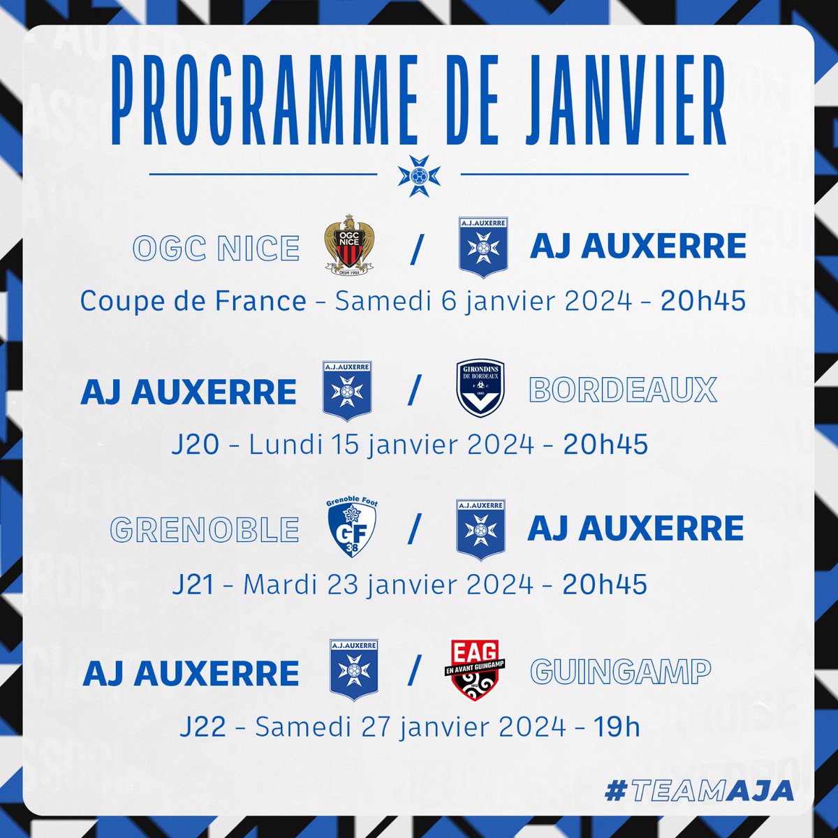 AJA's tweet photo. 🗓 𝐋𝐞 𝐩𝐫𝐨𝐠𝐫𝐚𝐦𝐦𝐞 𝐝𝐞 𝐣𝐚𝐧𝐯𝐢𝐞𝐫 ❄

Un début d'année bien rempli 💪

La #TeamAJA, on se retrouve le 15 janvier à l'Abbé Deschamps  😍 https://t.co/gTTFTozE5R