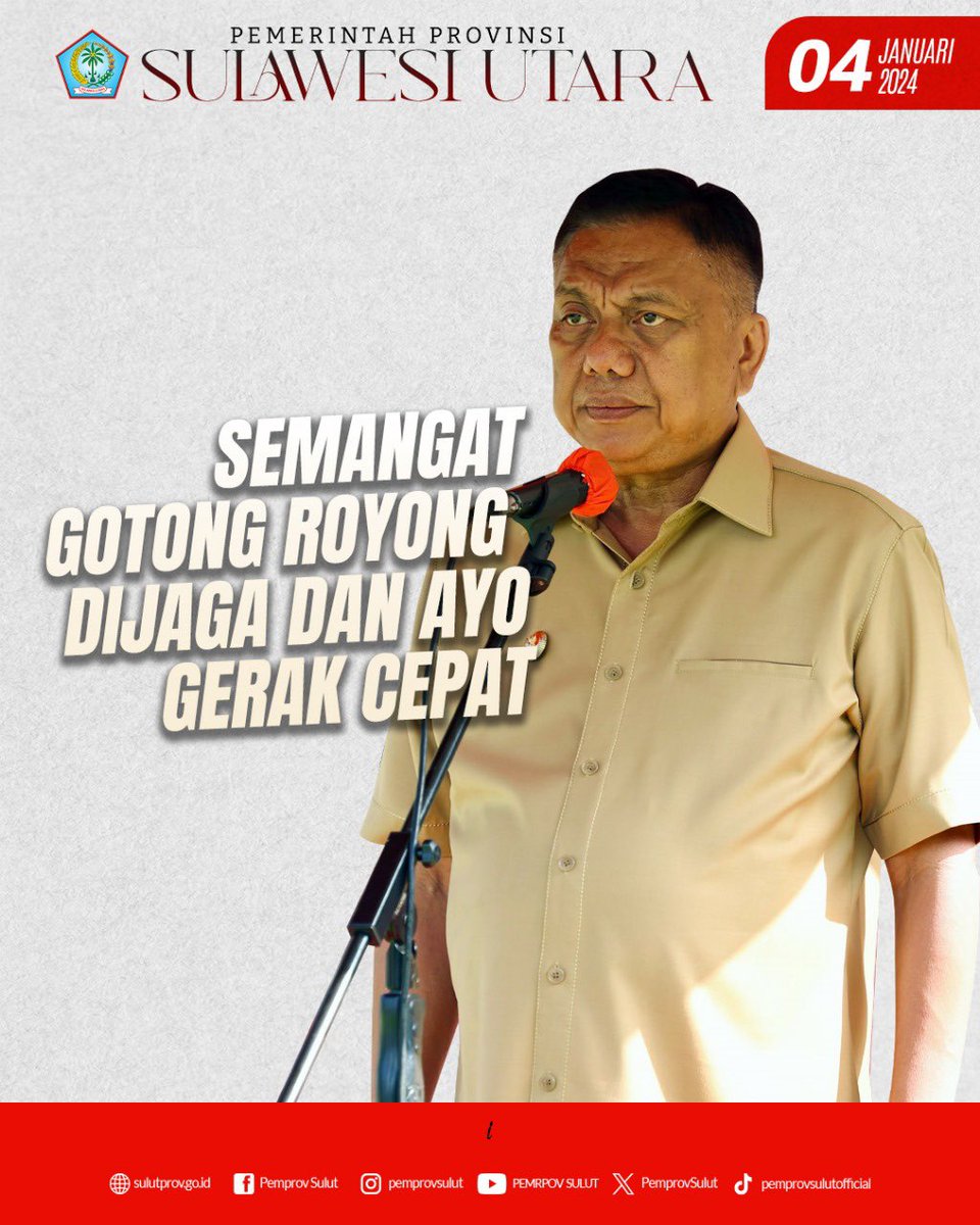 Kamis, 4 januari 2024
Gubernur Sulawesi Utara, Olly Dondokambey memimpin Apel Perdana Pemerintah Provinsi Sulawesi Utara di tahun
2024.