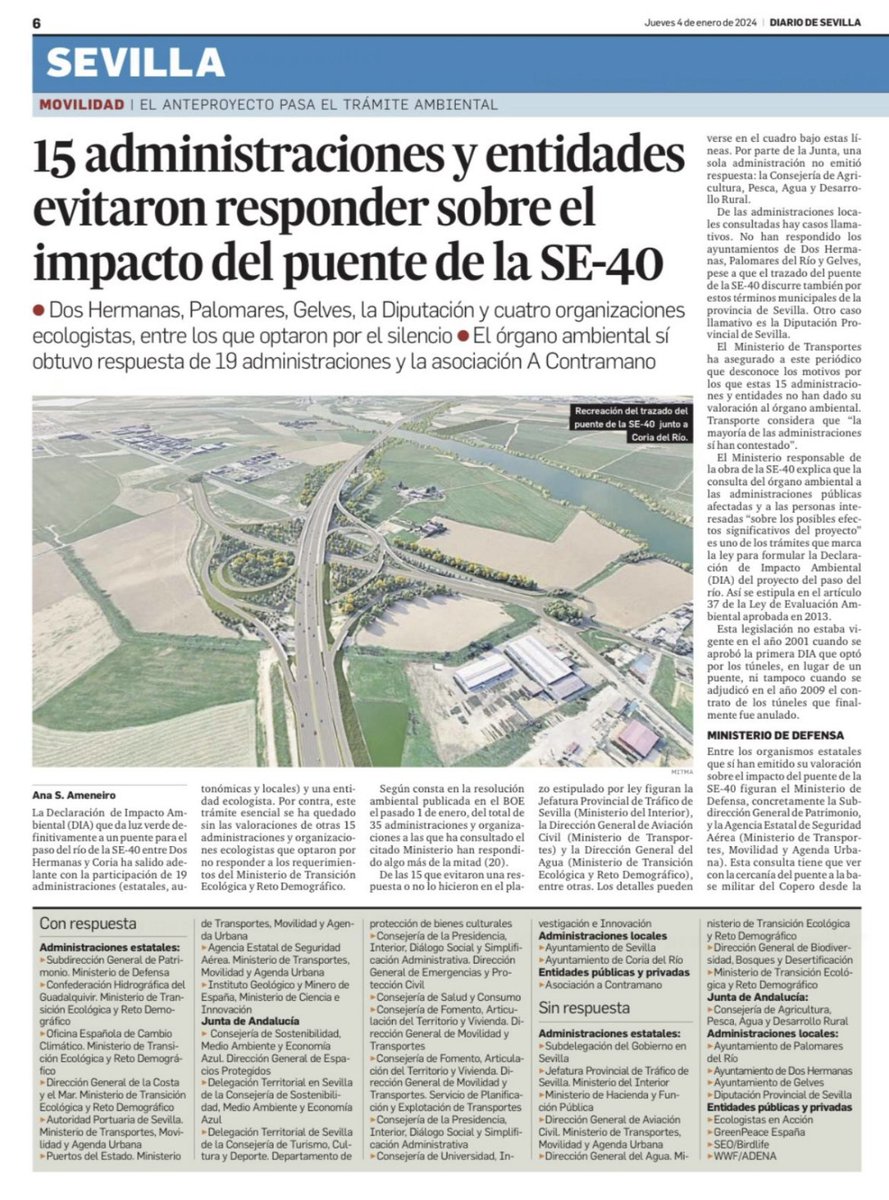 RicardoS2019's tweet photo. Es un “caso llamativo”, como indica @diariosevilla, que la @DIPUSEVI no haya respondido a la consulta del Ministerio sobre el impacto ambiental del puente de la SE-40.
Confirma que la Diputación actúa más como brazo político del #PSOE de Sevilla que en beneficio de los sevillanos https://t.co/xrBPHigOWh
