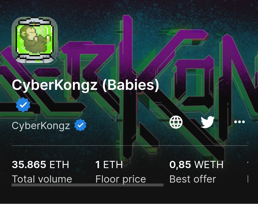 cYbErMeKaVeRsE_eth π¦ππ (@punkfox4) on Twitter photo Finally floor 1 eth yuppiiiiππππ
<a href="/CyberKongz/">CyberKongz</a>
#NFTs #NFTCommunity #BTC #opensea Finally floor 1 eth yuppiiiiππππ
<a href="/CyberKongz/">CyberKongz</a>
#NFTs #NFTCommunity #BTC #opensea