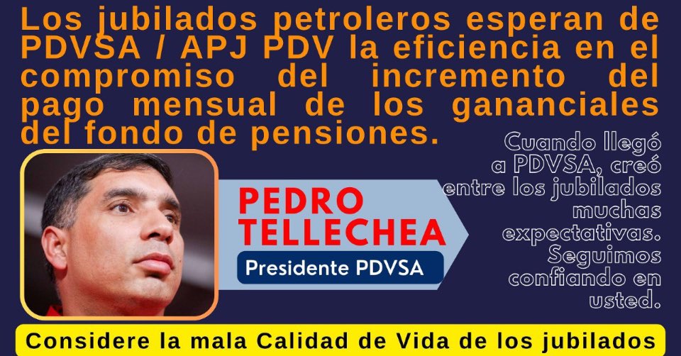 <a href="/TellecheaRuiz/">Rafael Tellechea</a> que este nuevo año 2024 sea el inicio de la transparencia en la admón del FDP y la restitución de los DDHH conculcados a los jubilados. Materialice acciones concretas que eleven nuestra calidad de vida, apruebe incrementar el pago mensual de intereses FDP <a href="/PDVSA/">PDVSA</a>