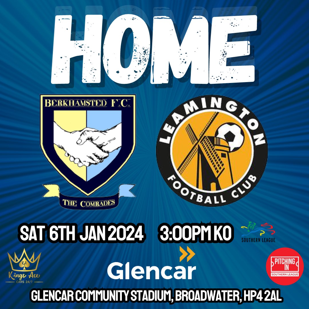 FIRST HOME GAME OF 2024! 🟡🔵

We host <a href="/LeamingtonFC/">Leamington FC ⚽️</a> as Chris Devane returns to lead his #Comrades as manager!👨‍💼

🗓 Sat 6th January
⏰ 3PM
📍Glencar Community Stadium, HP4 2AL
💰 Adults £12 | Concessions £6 | U16 Free w/ paid Adult

 #Berkhamsted this Saturday, see you there! 👋