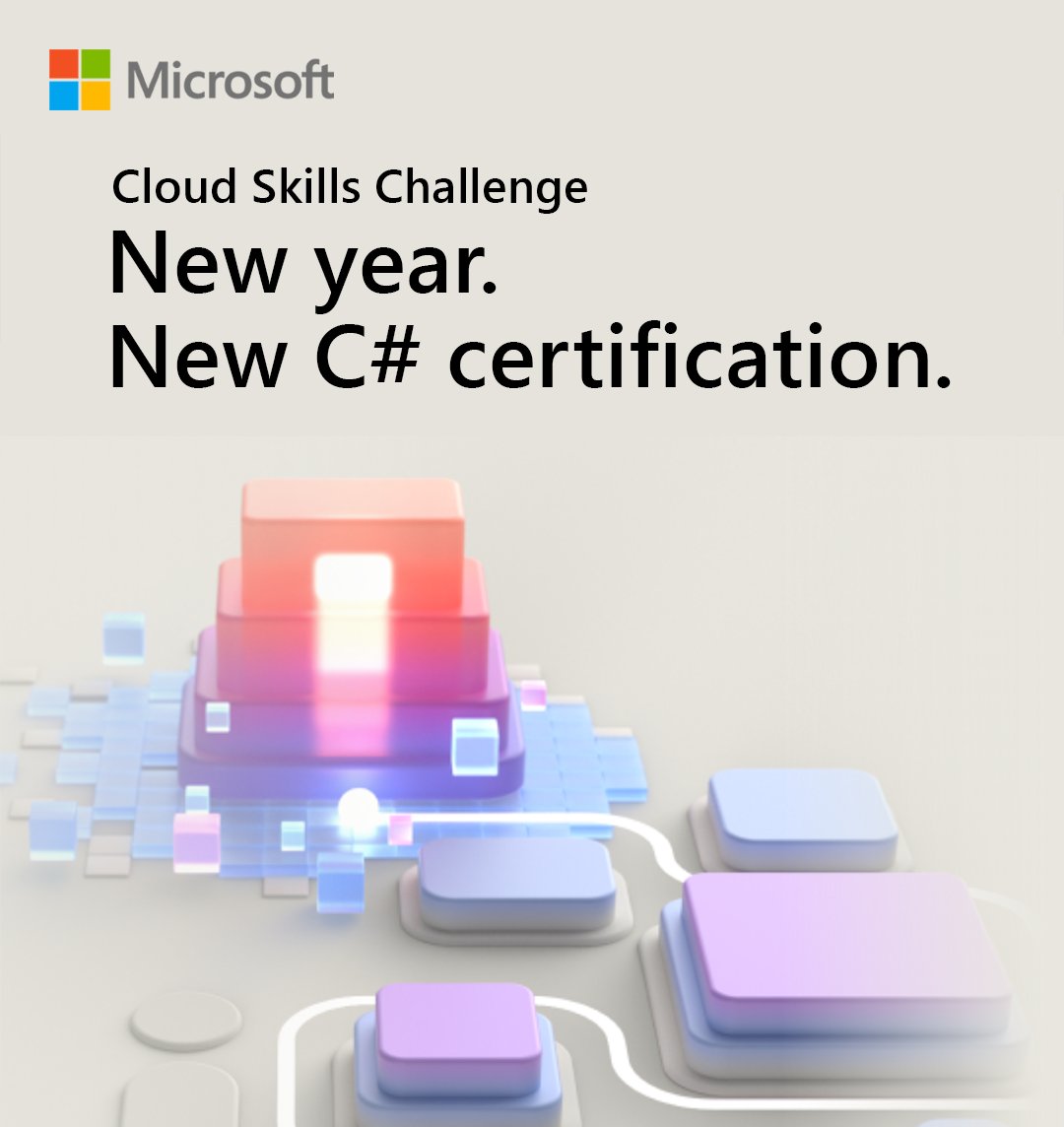 microsofttechKR's tweet image. 새해맞이 C# 자격증 취득 챌린지🏆
#Csharp #CloudSkillsChallenge
에 참여하여 #MicrosoftLearn 콘텐츠를 수강하고 C# 자격증을 취득하세요!
msft.it/6016iib2Y
#MicrosoftKorea