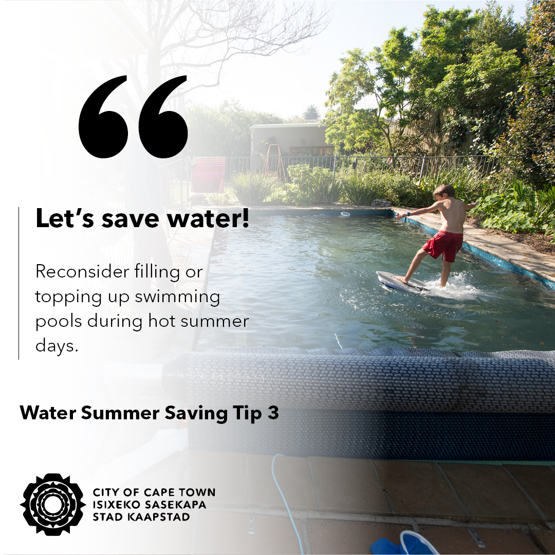 CityofCT's tweet photo. Rethink pool top-ups for a water-wise lifestyle. Minimise evaporation by using a pool cover. Also regularly check for leaks and fix promptly.

#ThinkWaterCT https://t.co/S9Tnv7CAZo