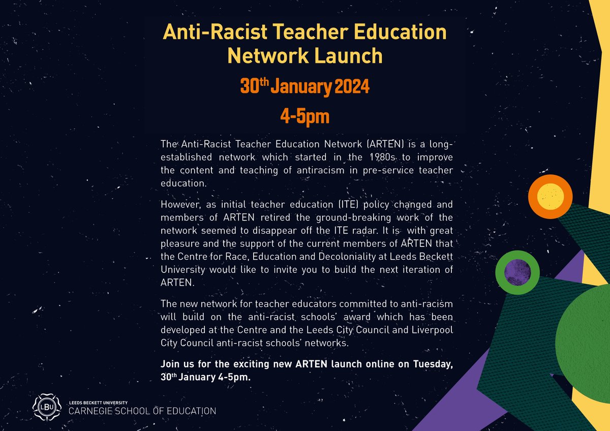 ResearchCRED's tweet photo. Are you a teacher educator committed to anti-racism and racially just teacher education?
Find out more on 30th January and join the Anti-Racist Teacher Education Network to share and develop your anti-racist practice. https://t.co/m4JkDc7Fjp