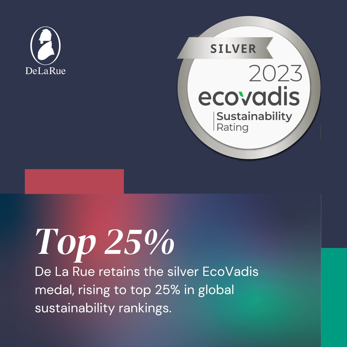 We are pleased to announce that De La Rue has retained our silver medal and achieved an improvement of 5 percentile points since last year. This result places us among the top 25% of companies assessed by Ecovadis. We thank everyone who contributed to this year's assessment.