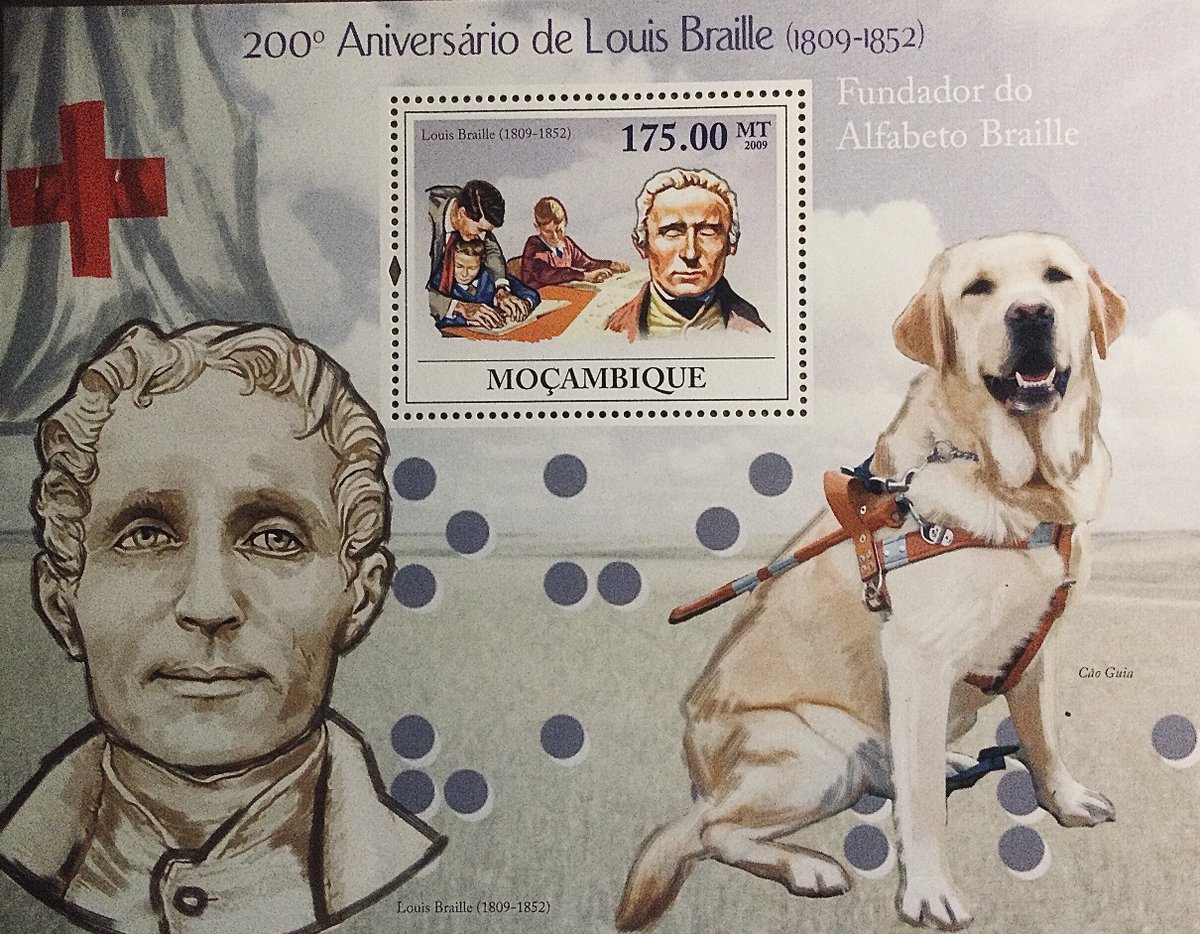 KeesTingeling's tweet photo. Omdat het vandaag  de geboortedag van Louis Braille is, is 4 januari uitgeroepen tot Wereld Braille Dag #Braille #postzegel #geleidehond Mozambique/2009 https://t.co/Dmh9RJN77o