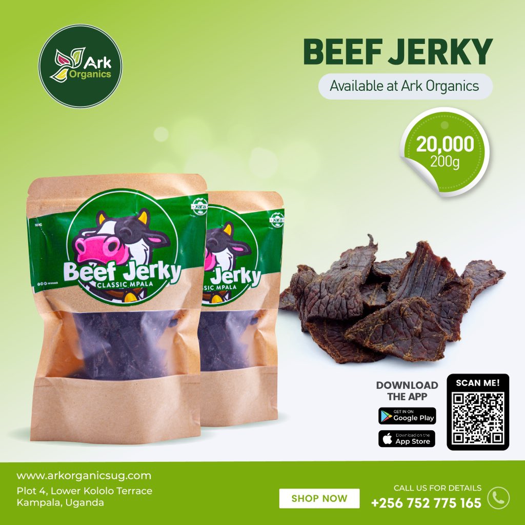Get your protein intake up with a beef jerky snack. 
Available at Ark Organics; 0752 775 165
arkorganicsug.com

#arkorganics #organicsstore #freshproduce #grassfedmeat #eastafrica #specialtystore #kampala