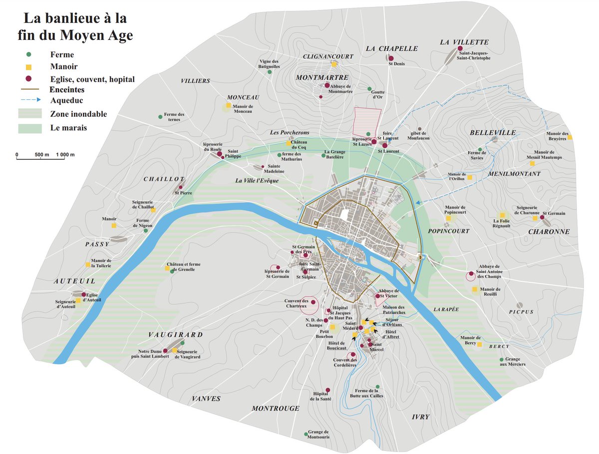 JulesGrandin's tweet photo. Et tant que vous êtes là, regardez moi cette carte incroyable de Paris et sa banlieue à la fin du Moyen-Age : combien de ces fermes, manoirs et villages sont aujourd'hui des noms de stations de métro ? https://t.co/l4PxepiW9F