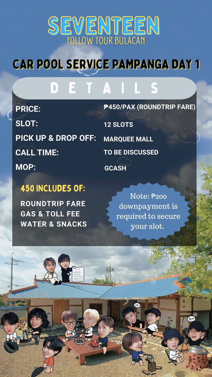 httpviatae's tweet photo. SEVENTEEN FOLLOW TOUR BULACAN CARPOOL PAMPANGA DAY 1 (January 13, 2024)

⁃see picture below for more details 
⁃9 slots still available 

dm me if interested! 😊

wts lfb kasabay https://t.co/wzPnmMoOI7