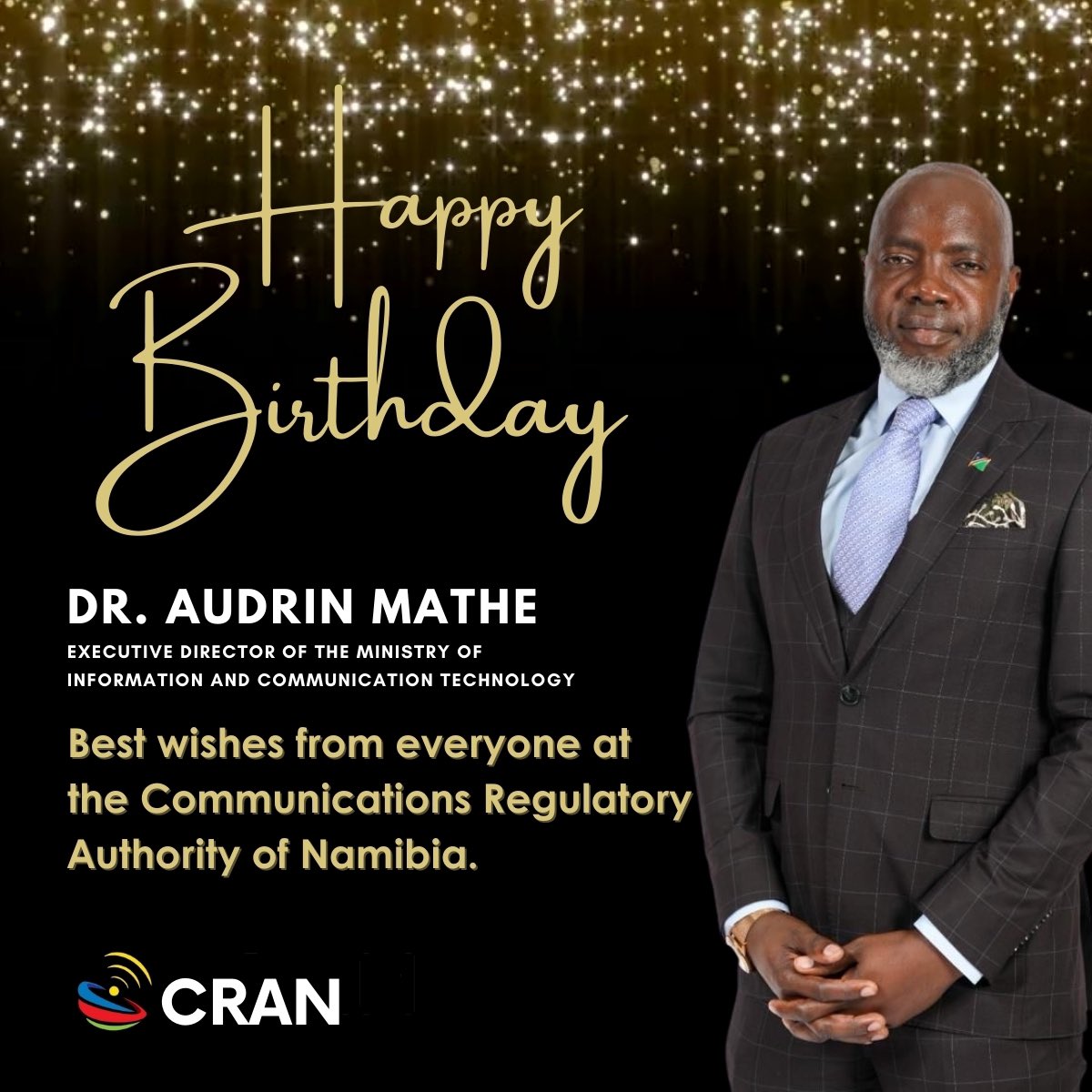 CRANamibia's tweet photo. Join us in celebrating the birthday of Dr. @AudrinMathe, Executive Director @MICTNamibia. Your leadership and vision continue to guide us towards a connected future. Wishing you a fantastic day filled with joy and success! 

#HappyBirthday #NamibiaICT" https://t.co/3vPqrczMjc