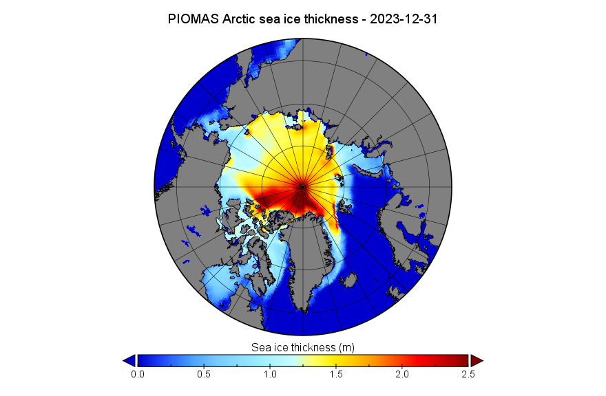 GreatWhiteCon's tweet photo. Here's an end of 2023 comparison between the "modelled" #PIOMAS #Arctic #SeaIce volume metric, and the "measured" #CryoSat2/#SMOS equivalent:
https://t.co/NCsdOcLiZ2
Plus the associated thickness maps: https://t.co/dxShIxG1k2